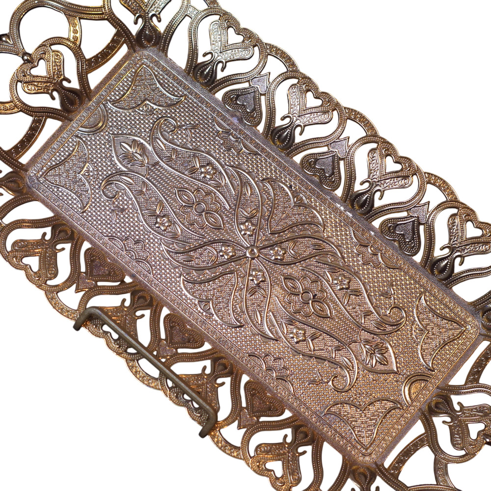Gold Turkish Tea Serving Tray Ornate Metal Filigree Handles Small 13” Decorative - Picture 2 of 8